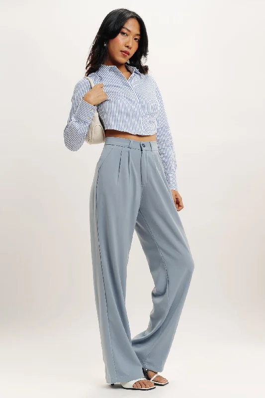 Women's Professional Clothes Alluring Design Powder Blue Pleated Straight Fit Korean Pant