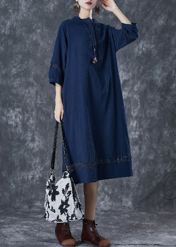 Women's High-Fashion Apparel Special Offer For You Navy Hollow Out Cotton Maxi Dress Oversized Bracelet Sleeve