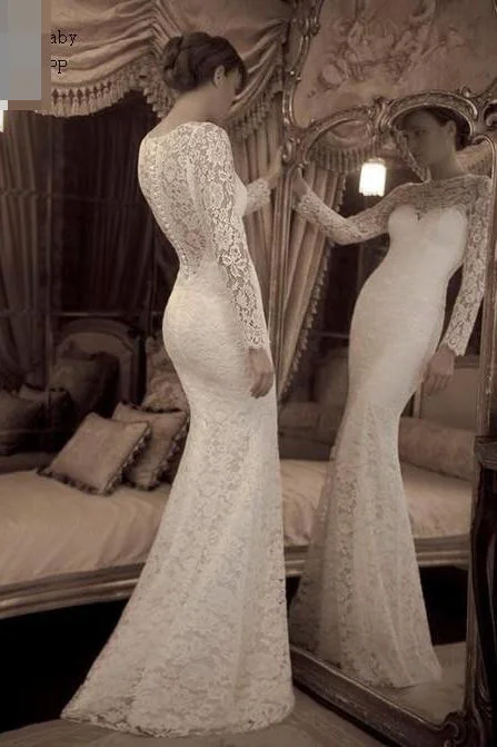 Modern Women's Outfit Big Savings Vintage Ivory Trumpet Long Sleeves Lace Long Beach Wedding Dresses Lace Prom Gown N544