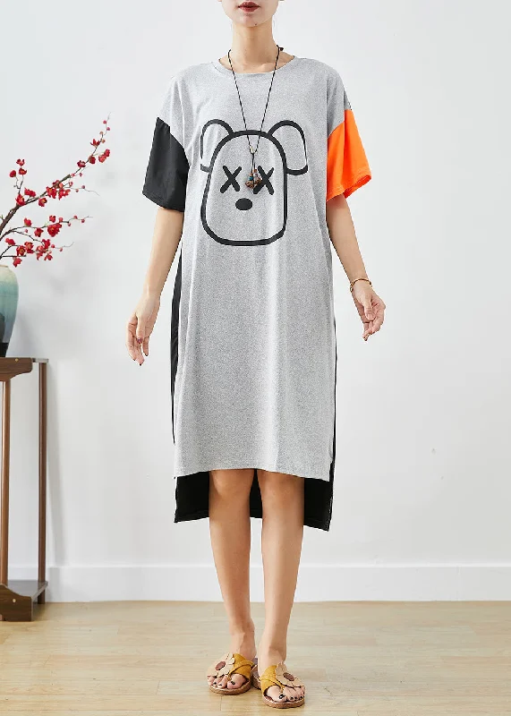 Casual Clothes For Women Budget-Friendly Fashion Classy Grey Oversized Patchwork Bear Print Cotton Maxi Dress Summer