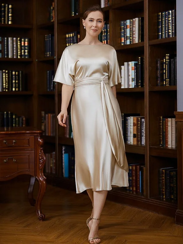 Formal Attire For Women Casual Weekend Relaxed Style Sheath/Column  Woven Satin Ruched Scoop Short Sleeves Tea-Length Mother of the Bride Dresses