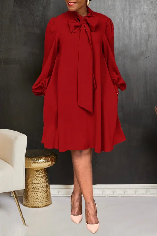 Women's Casual Garments Essentials On Sale Solid Color Pussy Bow Stunning Midi Dress