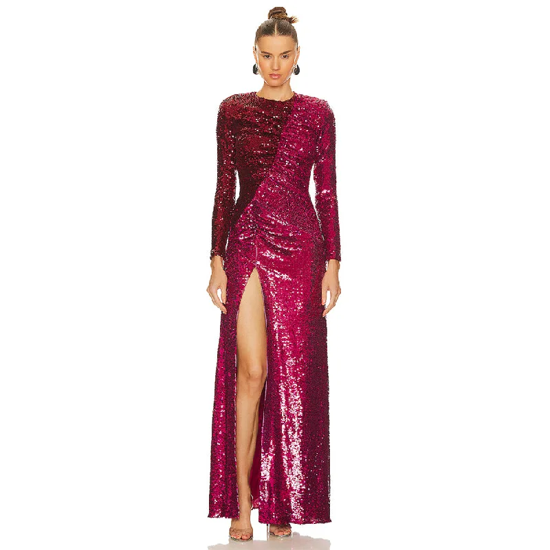 Women's Holiday Attire Fashion Essentials Round Neck Long Sleeve Sequins Maxi Dress KLYF1058