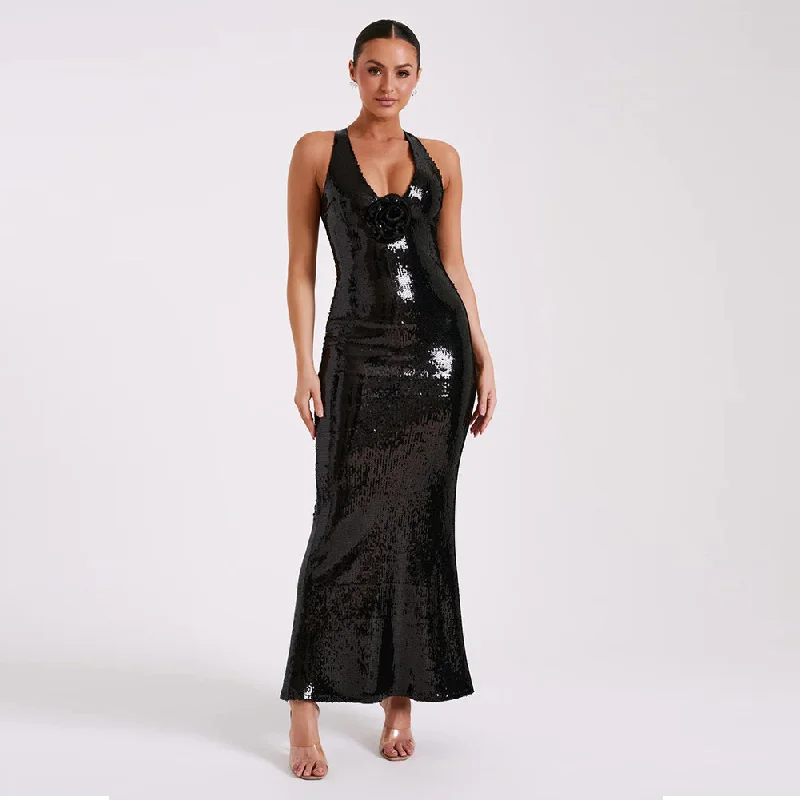 Women's Chic Outerwear Attire Budget Saver Strappy Sleeveless Sequins Maxi Dress KLYF1052