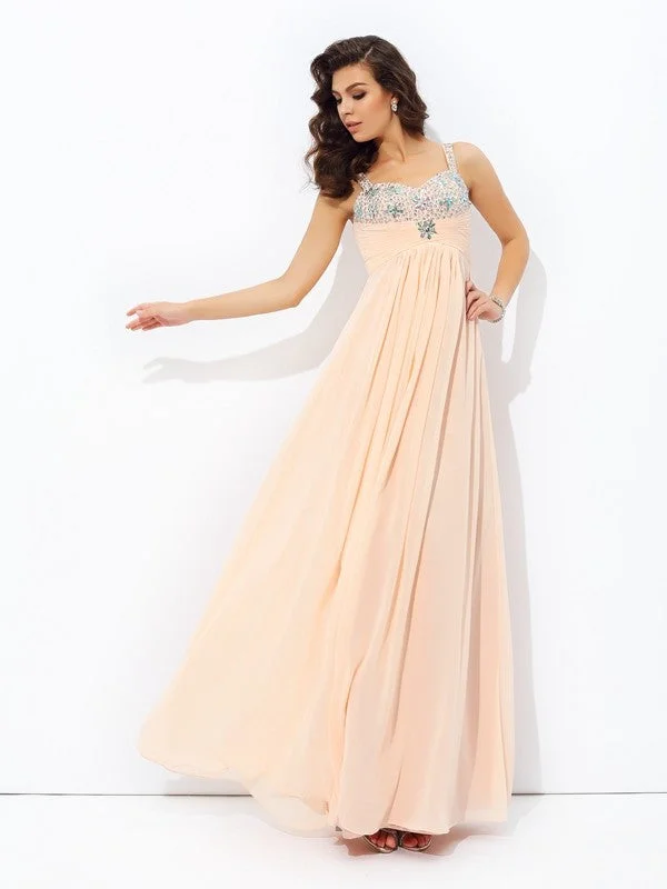 Women's Transitional Clothes Fashionista Favorites A-line/Princess Spaghetti Straps Beading Sleeveless Long Chiffon Dresses