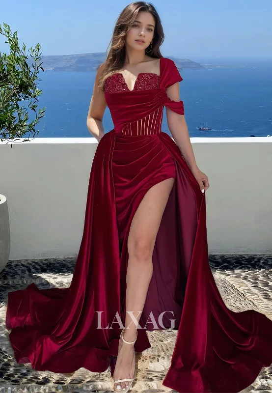 Women's Seasonal Apparel Huge Markdowns V-Neck Sleeveless One-Strap A-Line Prom Dress Pleated Cutout High Slit Sweep Train Formal Gowns