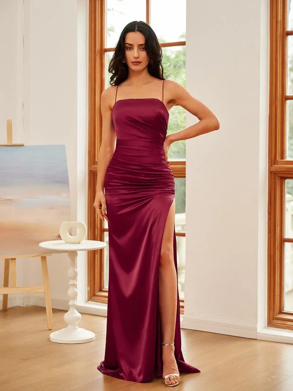 Women's Apparel Cool Prices Sheath/Column Silk like Satin Ruched Spaghetti Straps Sleeveless Sweep/Brush Train Dresses