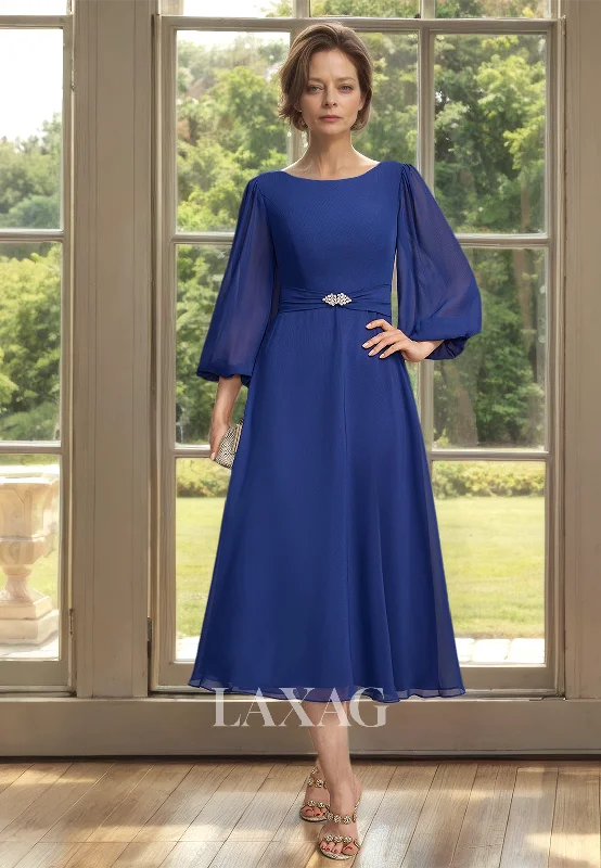 Stylish Women's Outfit Clearance Event Simple Scoop-Neck A-Line Mother of the Bride Dress Pleated Long-Sleeves Beaded Cocktail Gowns