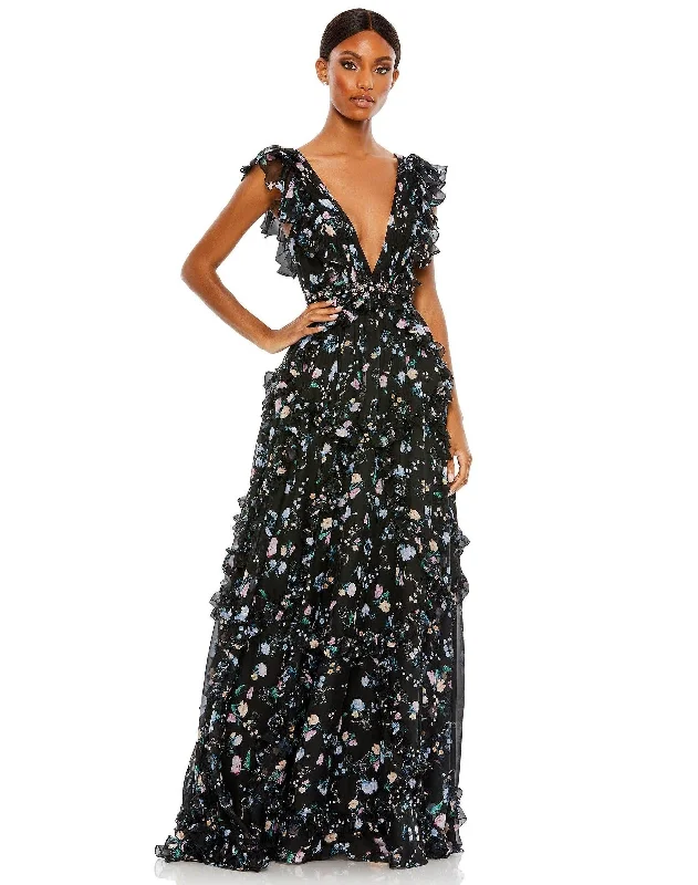 Stylish Women's Outfit Fashion-Forward Mac Duggal 68090 Long Cap Sleeve Formal Print Gown