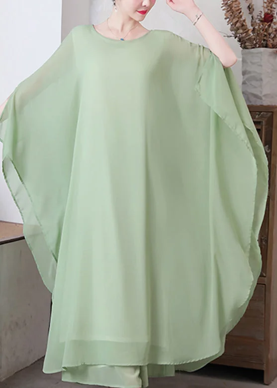 Women's Formal Clothes Seasonal Fashion Loose Pea Green O-Neck Chiffon Maxi Dresses Spring