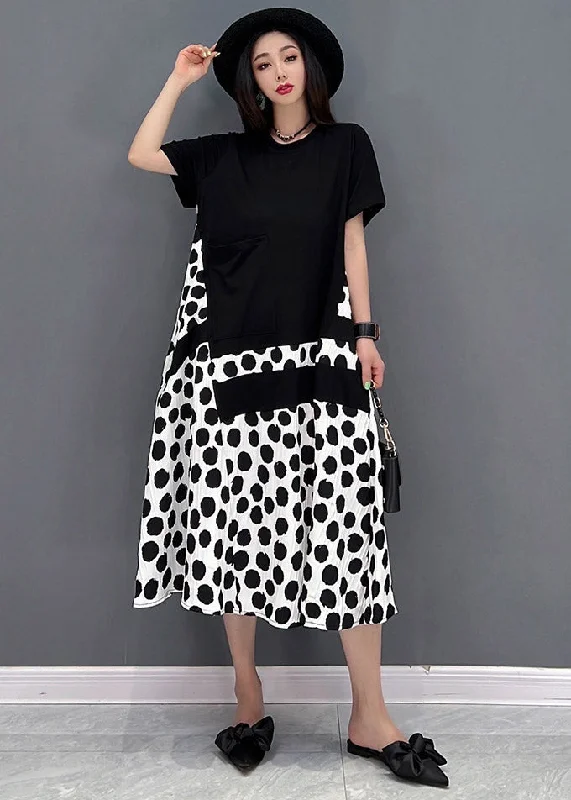 Women's Vintage Clothes Trendy Street Style Attire Black O-Neck Dot Maxi Dresses Short Sleeve