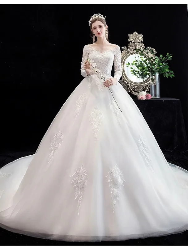 Women's Work Outfit For The Office Romantic Date - Night Ensemble Engagement Formal Wedding Dresses Princess Long Sleeve Off Shoulder Lace With Beading Appliques