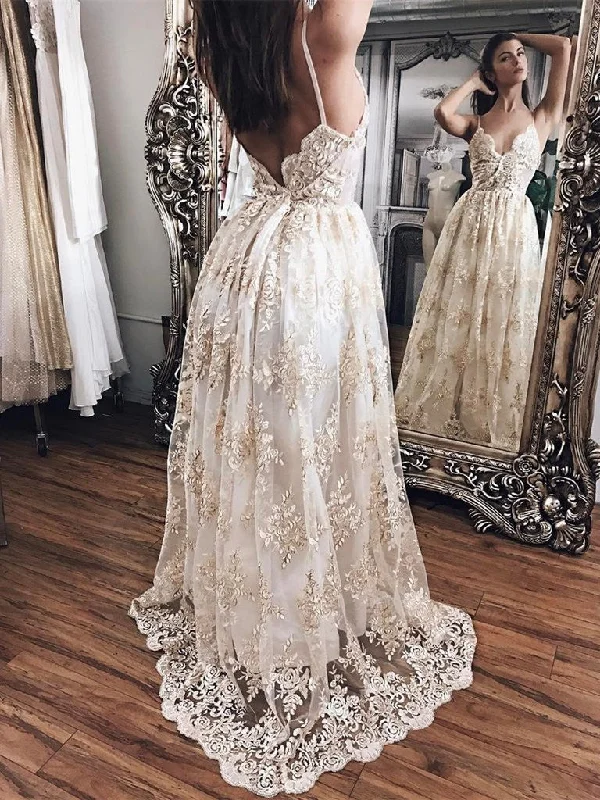 Women's Casual Clothing For Lounging Limited Time Offers Custom Made A Line V Neck Backless Lace Wedding Dress with Champagne Appliques, Backless Prom Dresses, Graduation Dresses, Formal Dresses