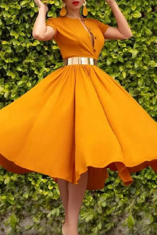 Women's Clothing Apparel Must Haves Solid Color Feminine Swing Belted Midi Dress