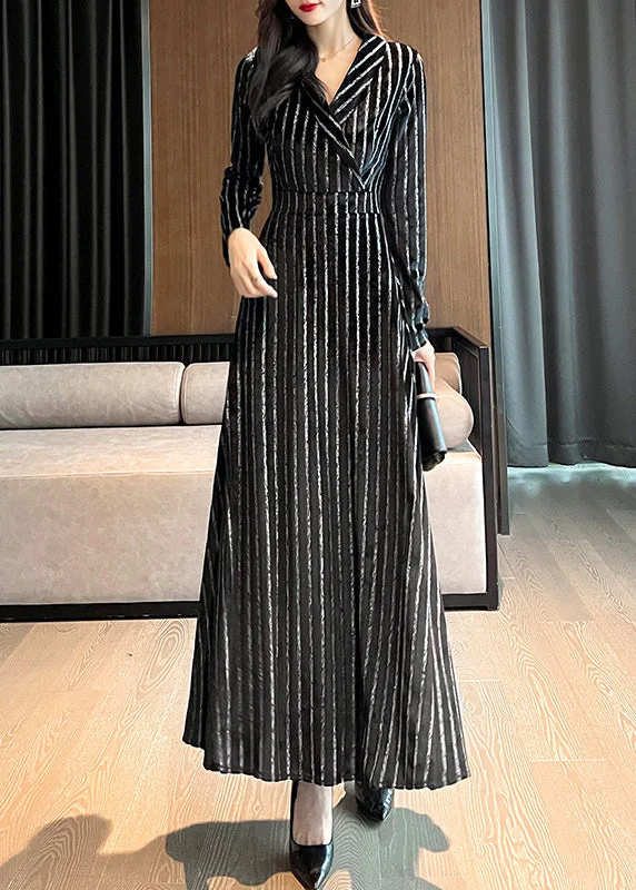 Women's Trendy Clothes Fashion For Every Occasion Slim Fit Black Notched Striped Maxi Dresses Long Sleeve