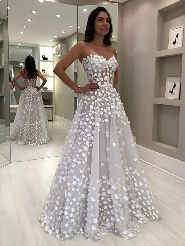 Charming Everyday Clothing For Women The Good Stuff Charming Strapless Light Gray Long Prom Dresses with White Appliques, White Floral Light Gray Wedding Dresses, Formal Evening Dresses