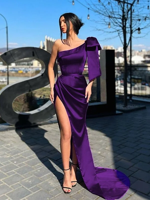 Women's Vintage Garments Spring Wardrobe Sheath/Column Satin Bowknot One-Shoulder Sleeveless Sweep/Brush Train Dresses