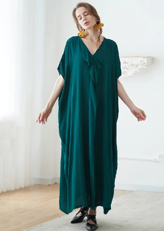 Women's Functional Apparel For Outdoor Activities End Of Season Sale Plus Size Blackish Green V Neck Pockets Patchwork Cotton Maxi Dress Summer