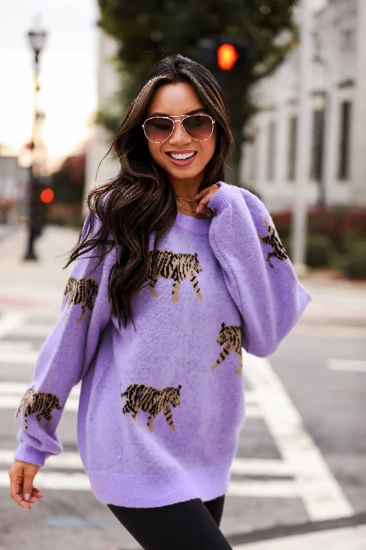 Women's Chic Outerwear Garments Style Streetwear FINAL SALE - Tame My Heart Lavender Tiger Oversized Sweater