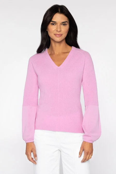 Women's High-Fashion Garments Subtle Sophistication Kinross Cashmere Gathered Sleeve Rib Vee