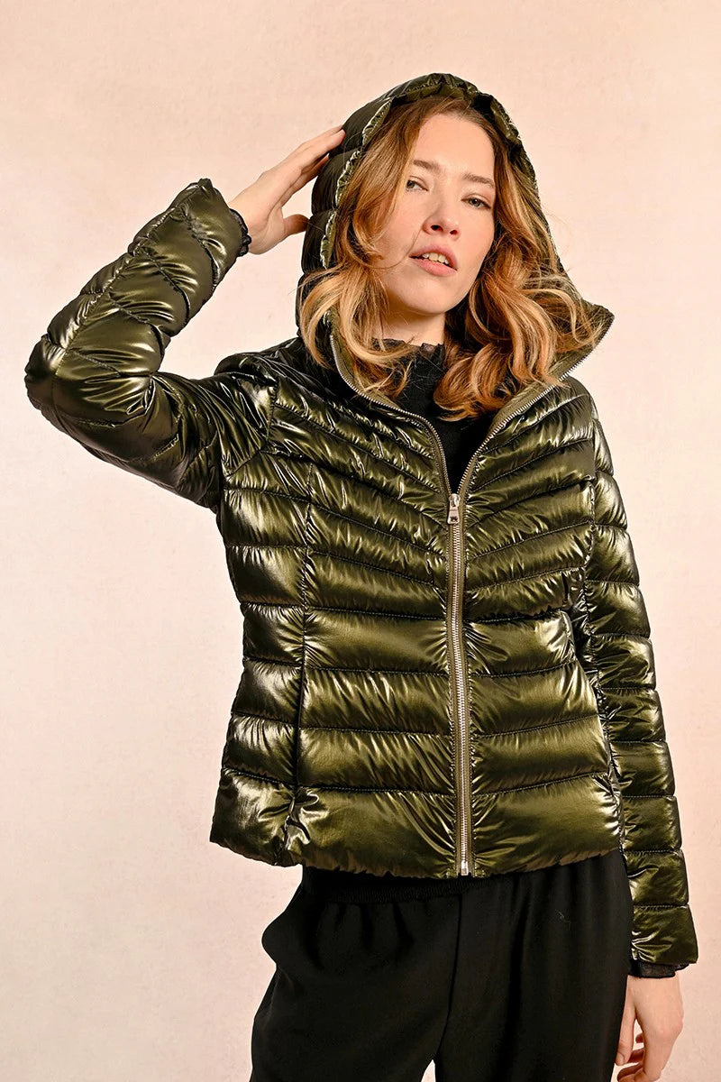 Women's Chic Apparel Women’S Urban Fashion Short Iridescent Down Jacket - Khaki