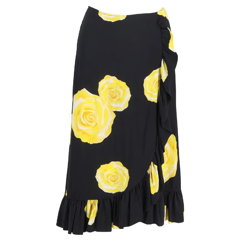 Affordable Women's Outfit Winter Warm - Up Sale Ganni Floral Printed Midi ruffled Skirt in Black Silk