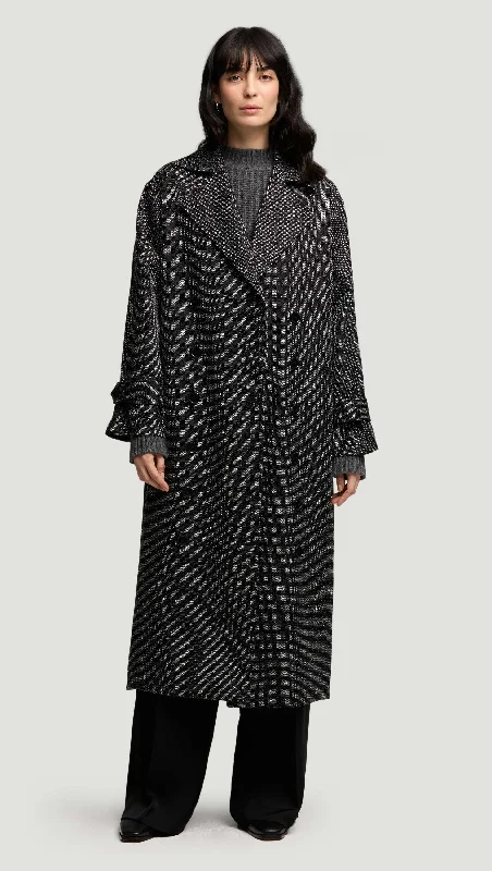 Women's Fashion-Forward Apparel Disco - Inspired Retro Dance Look Double-Breasted Coat in Tweed | Black/White