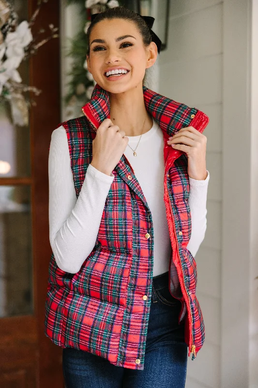 Women's Travel Apparel Premium Style More The Merrier Red Tartan Plaid Puffer Vest