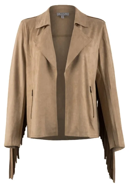 Women's Casual Apparel For Weekends Elegant Attire For The Modern Lady Women's Fringe Jacket In Tan