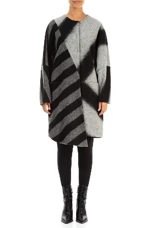 Women's High-Fashion Attire Relaxed Style Asymmetric Striped Wool Coat