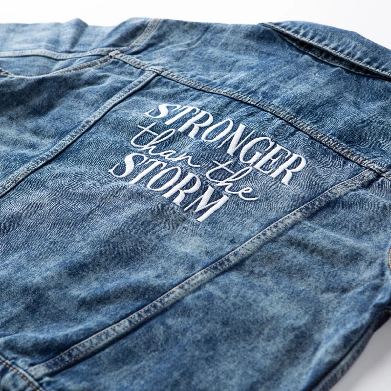 Women's Plus-Size Apparel Stylish Statements Vintage Washed Stronger Than The Storm Denim Jacket