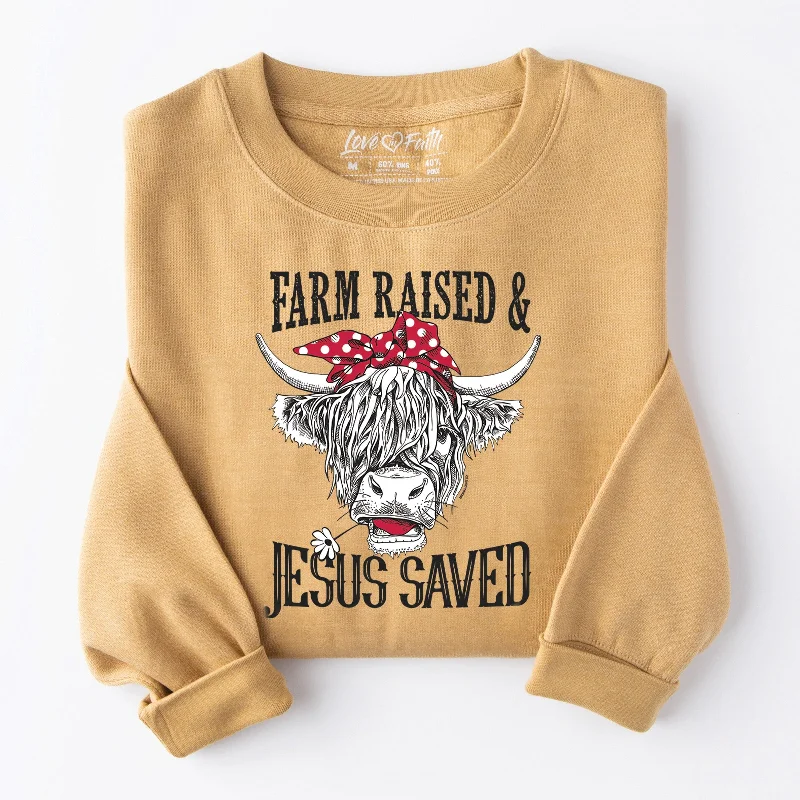 Women's Everyday Apparel Fashion Forward, Function First Farm Raised Jesus Saved Sweatshirt