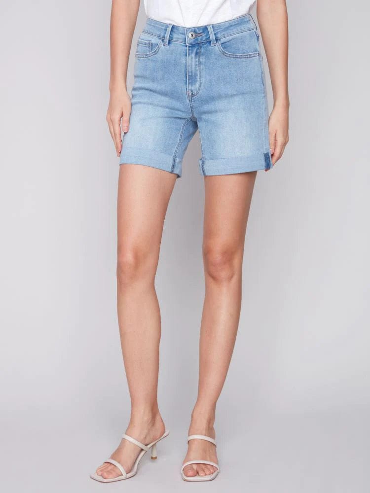 Women's Clothes For Work Odd Size Clearance Sale Charlie B Lt. Blue Denim Short With Rolled Up Hem - C8029Y 431A