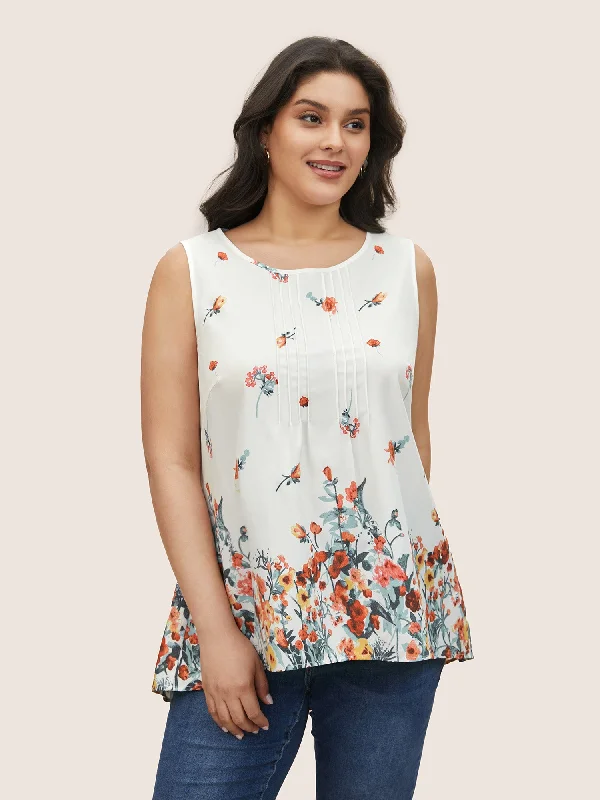 Women's Travel Garments Special Offer Watercolor Floral Tucked Seam Tank Top