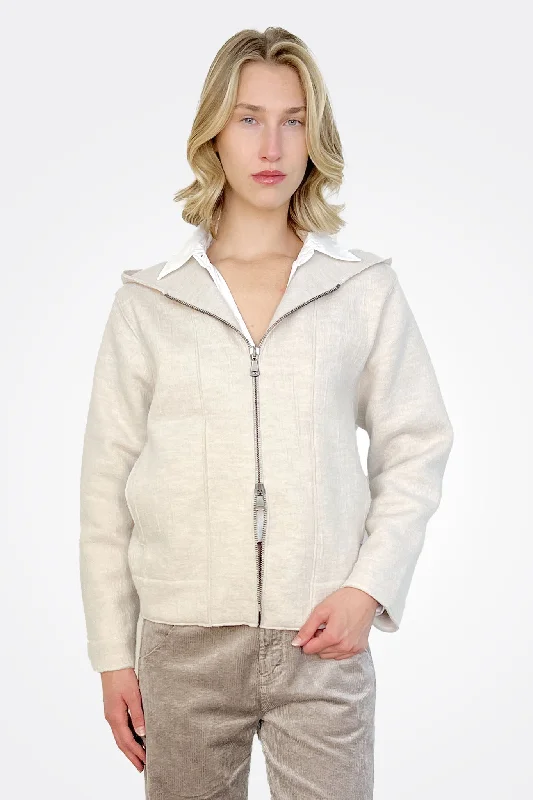 Modern Women's Apparel Trendy Street Style Hooded Boiled Wool Jacket - Ice