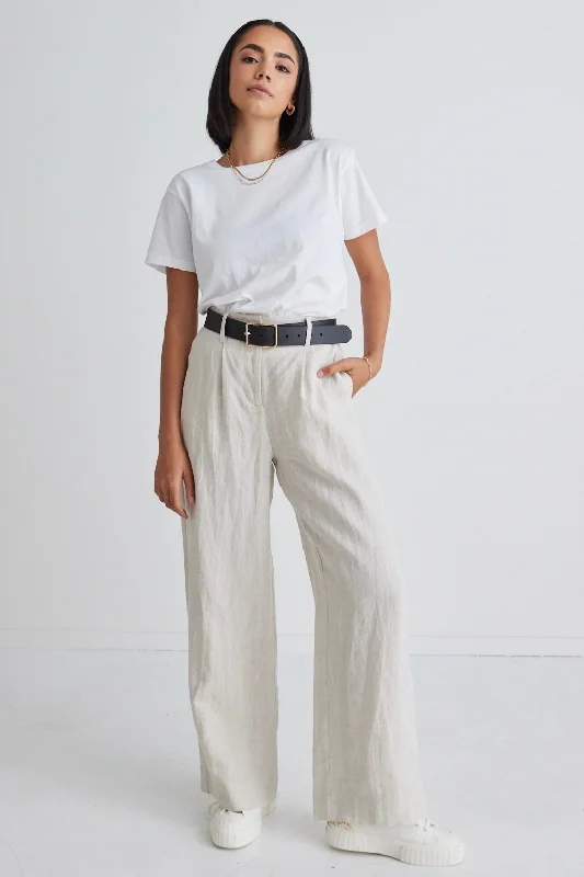 Women's Travel Attire Trend Setting Wardrobe Island Natural Linen Pleat Front Wide Leg Pant