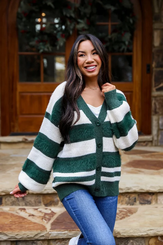 Women's Athletic Clothes Fashion Deal FINAL SALE - Snuggly Expression Hunter Green Striped Oversized Sweater Cardigan