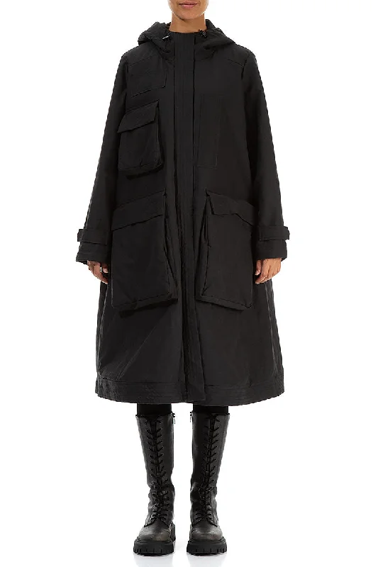 Women's Timeless Attire Current Trends Hooded Black Cotton Coat