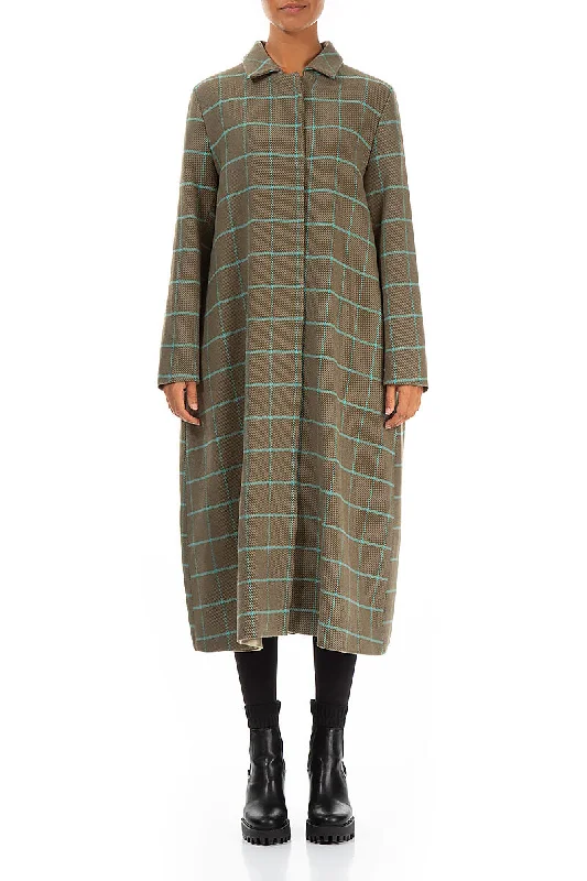 Women's Trendy Garments Seasonal Trend Flared Back Checkered Green Wool Coat