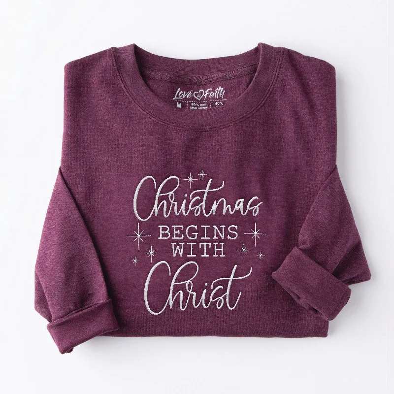 Women's Clothes Mega Sale Embroidered Christmas Begins With Christ Sweatshirt