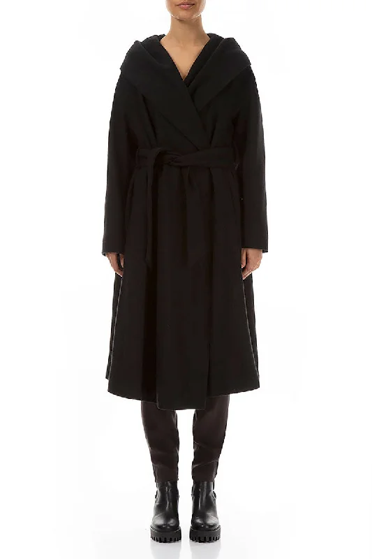 Vintage-Inspired Garments Effortless Grace Hooded Belted Black Wool Coat