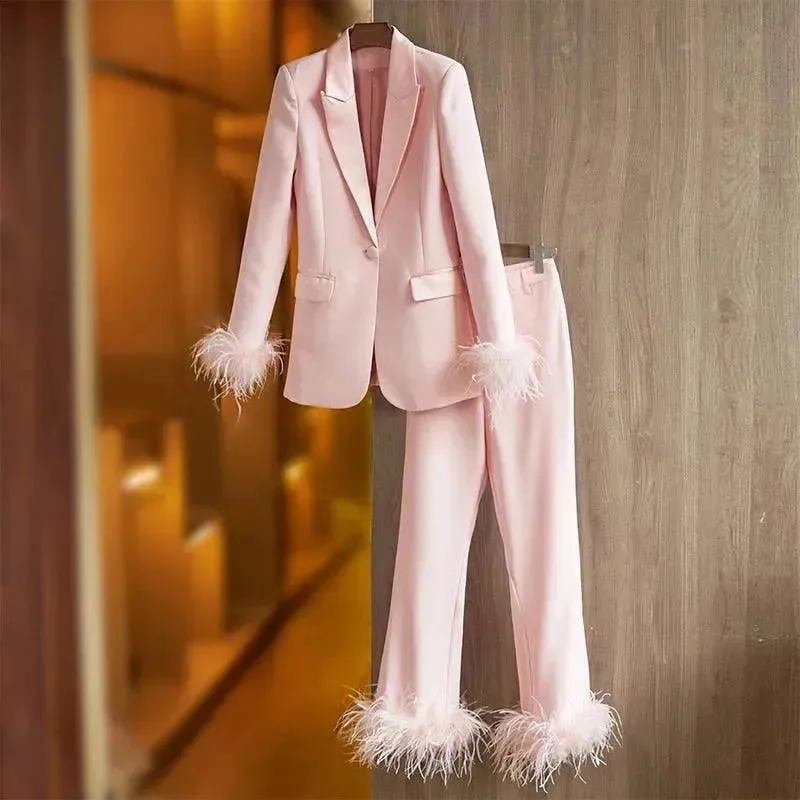 Affordable Women's Clothes Exclusive Discount Luxury Pink Feather Pantsuit