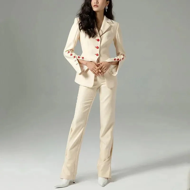 Fashionable Women's Casual Apparel Durable Fashion Picks Red Buttons Formal Business Pantsuit