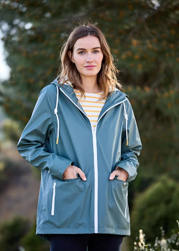 Affordable Women's Apparel Subtle Sophistication ST GABRIELLE - Waterproof Patterned Rain Jacket with Fancy Drawstrings (ARMY GREEN)