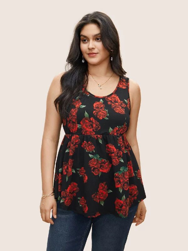 Women's Trendy Attire Boho - Chic Festival - Ready Style Roses Print Elastic Waist Gathered Tank Top