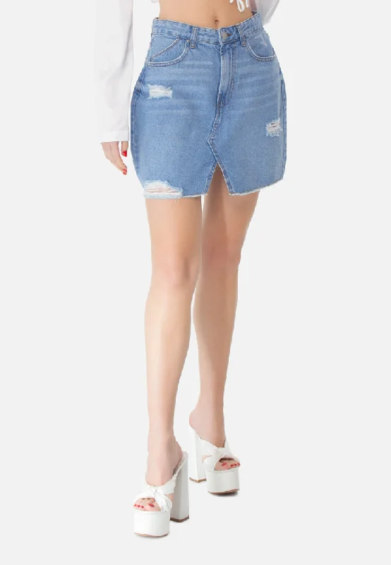 Luxury Women's Clothes Style Beyond Borders Split Distressed Denim Mini Skirt