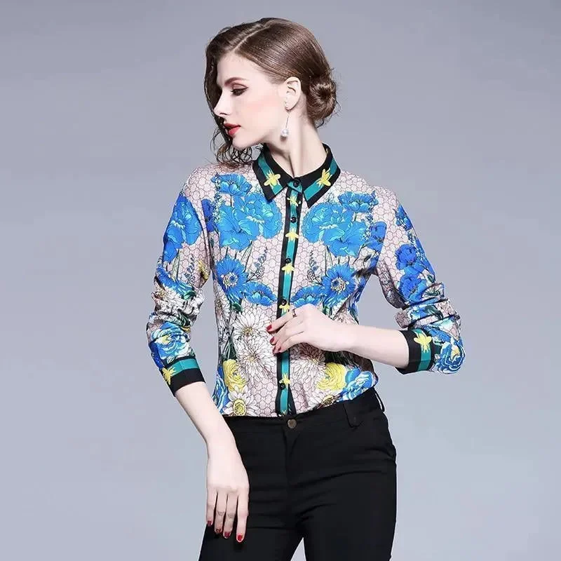 Vintage-Inspired Garments Clearance Event Floral Print Silk Shirt For Women