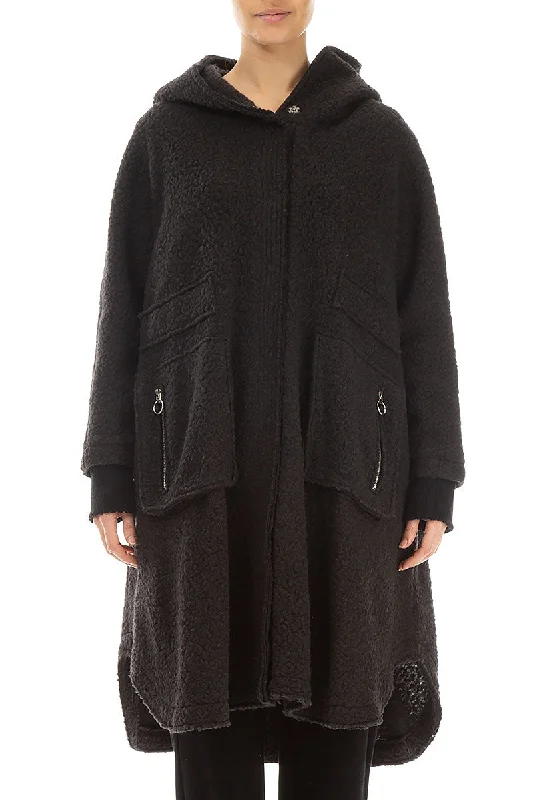 Women's Transitional Attire Earthy Tones Hooded Zip Dark Chocolate Plush Wool Cotton Coat